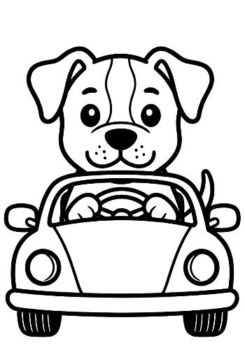Pitbull Puppy Driving a Small Toy Car Puppy Road Trip Adventure Coloring Printable