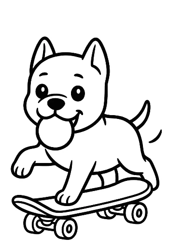 Štěně pitbula se baví na skateboardu roztomilý karikaturální pes vybarvovací list tištitelný
