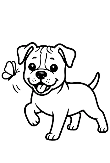 Pitbull Puppy Looking at a Flying Butterfly - Cute Puppy and Nature Coloring Printable