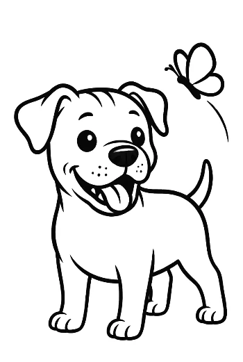 Playful Pitbull Puppy Chasing a Butterfly in the Yard Spring Coloring Page Printable