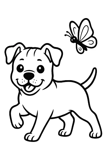 Smiling Pitbull Puppy Surrounded by Butterflies Cheerful Puppy Coloring Sheet Printable