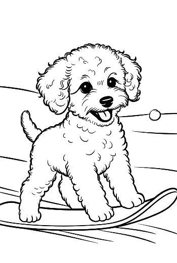 Active Poodle Puppy Snowboarding Down a Snowy Hill Winter Sports Coloring Printable