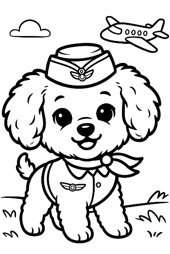 Mutiger Pudel-Welpen-Pilot mit Schal Abenteuerliches Haustier Konturenzeichnung Druckbar