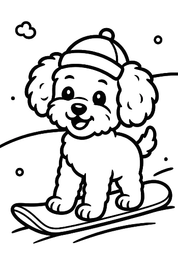 Cool Poodle Puppy Wearing a Beanie on a Snowboard Chilly Puppy Line Art Printable