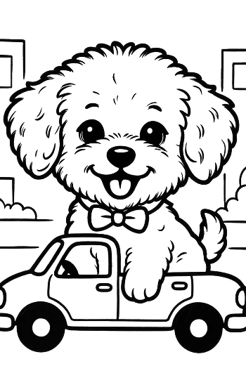 Zábavné štěně pudla za volantem kabrioletu roztomilý psí cestovatel vyfarbování tisk