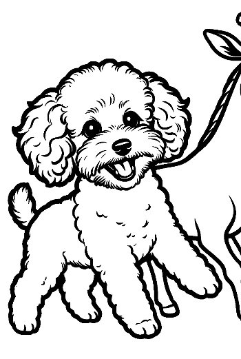 Happy Poodle Puppy on Leash Coloring Page