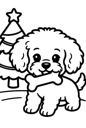 Happy Poodle Puppy with a Bone Sitting by a Christmas Tree Merry Puppy Coloring Printable