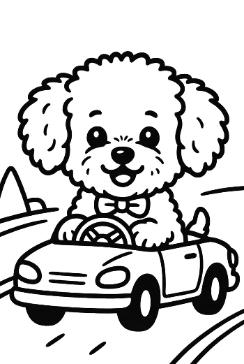 Poodle Puppy Enjoying a Ride in a Cartoon Car - Happy Puppy Road Trip Art Printable