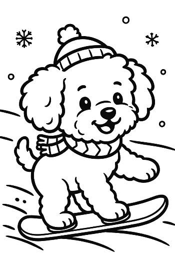 Poodle Puppy with a Winter Hat on a Snowboard Seasonal Pet Coloring Page Printable