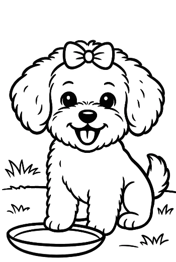Small Poodle Puppy Looking at Its Water Dish - Thirsty Puppy Line Art Printable