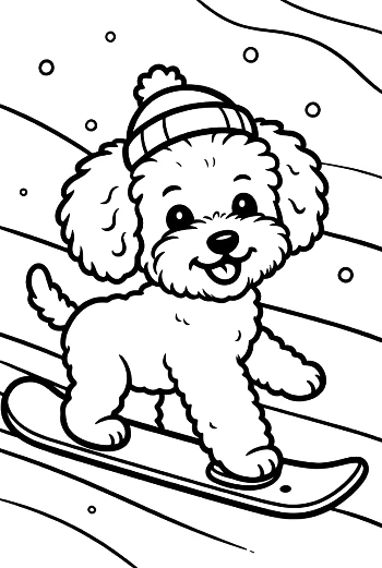 Smiling Poodle Puppy Snowboarding in the Winter Sun - Puppy Athlete Drawing Printable