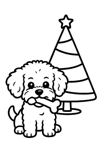 Tiny Poodle Puppy Standing by a Small Christmas Tree Winter Pet Coloring Activity Printable