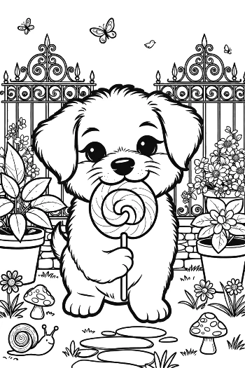 Adorable Puppy Holding a Large Swirl Lollipop Printable
