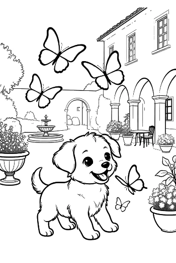 Adorable Puppy Sitting Near a Flower Pot with Butterflies Printable