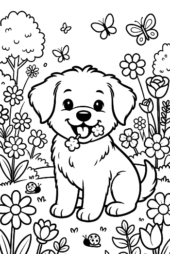 Adorable Puppy Sitting Near a Wheelbarrow of Flowers Printable