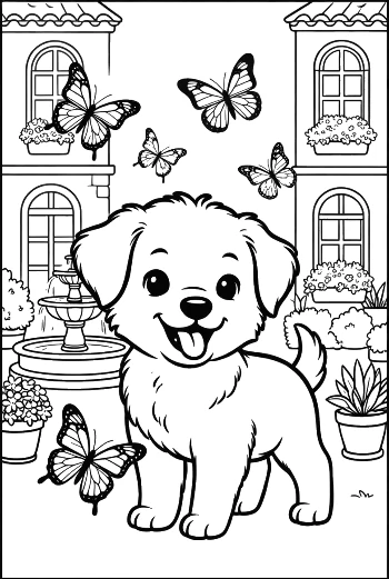 Süßer Welpe spielt mit Schmetterlingen im Garten Ausmalbild zum Drucken