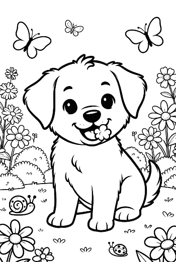 Cute Puppy Sitting in a Patch of Wildflowers Printable