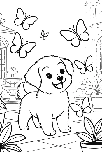 Happy Puppy Exploring a Garden Path with Butterflies Printable
