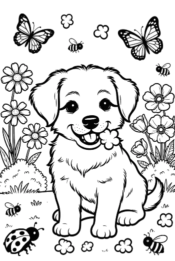 Happy Puppy Sitting Among Blooming Spring Flowers Printable