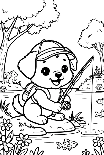 Happy Puppy Sitting by a Basket of Garden Flowers Printable