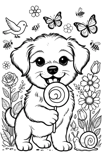 Happy Puppy with a Lollipop and Butterflies Printable