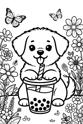 Puppy Holding a Boba Tea Cup with a Straw Printable