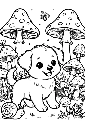 Puppy Playing with Snails and Butterflies in Nature Printable