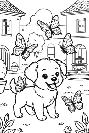 Sweet Puppy Sitting in Front of a House with Butterflies Printable