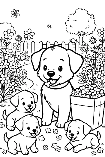 Sweet Puppy Sitting Next to a Box of Blooming Flowers Printable