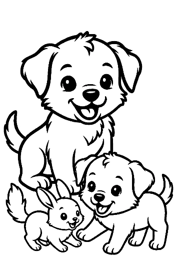 Tres adorables cachorros y un conejito jugando juntos