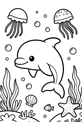 Cheerful Dolphin Leaping Over Jellyfish in the Deep Sea Printable
