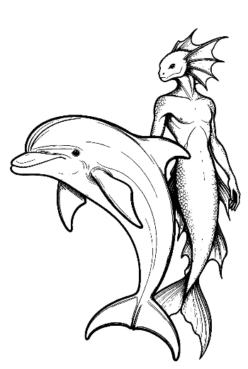 Dolphin and Mermaid Line Art Duo