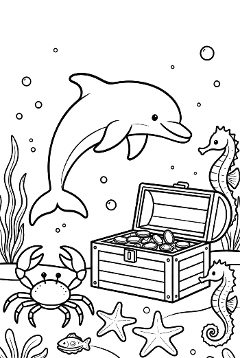 Dolphin Guardian Watching over a Chest of Gold Coins Printable