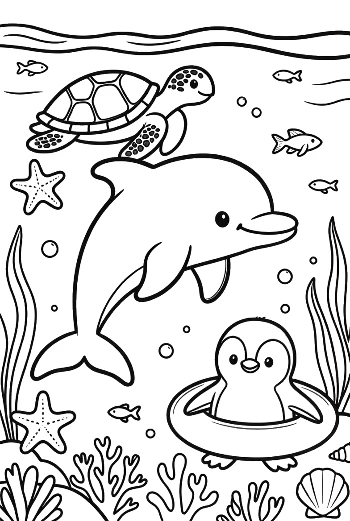 Dolphin Jumping Over a Penguin in a Floating Ring Printable