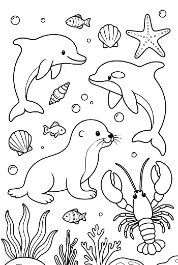 Dolphin Leaping Over a Baby Seal and Lobster Printable