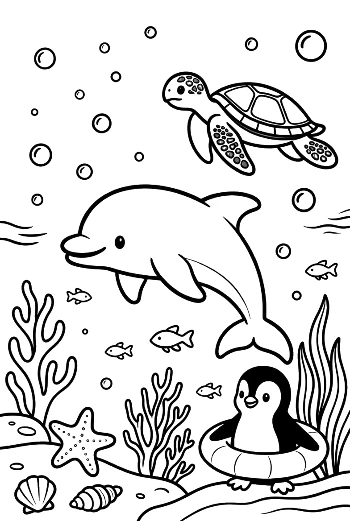 Dolphin Leaping Over a Penguin in a Lifebuoy Printable