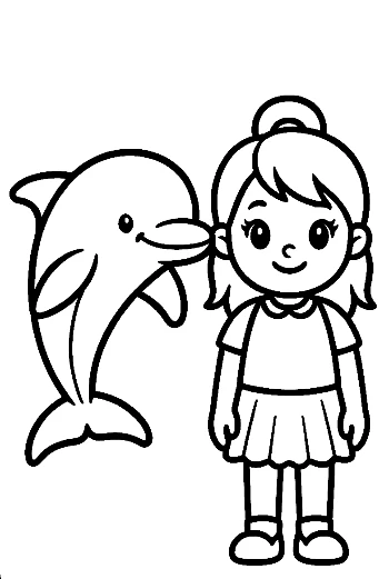 Girl and Dolphin Coloring Page