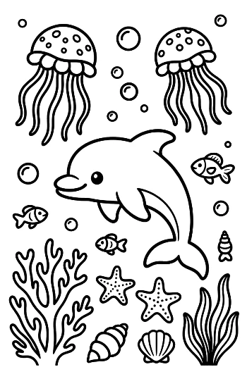 Happy Dolphin Leaping Over Jellyfish in the Blue Sea Printable