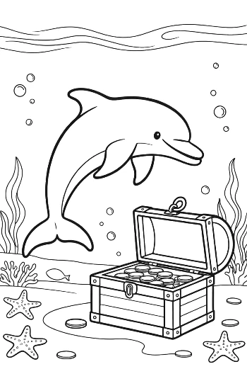 Happy Dolphin Swimming with an Open Treasure Chest Printable