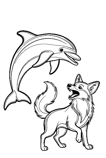 Jumping Dolphin and Playful Fox Outline