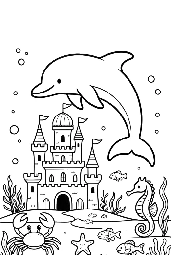 Majestic Dolphin Leaping in Front of an Underwater Sandcastle Printable