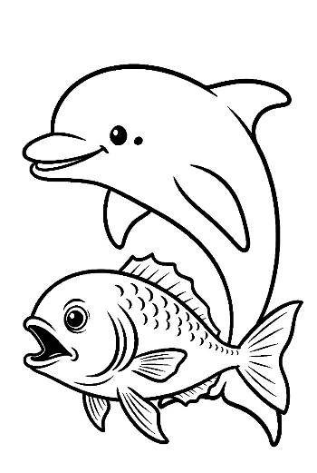 Playful Dolphin and Fish Outline