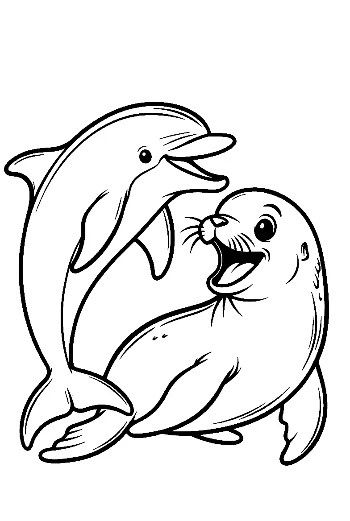 Playful Dolphin and Seal Cartoon