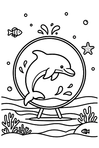 Playful Dolphin Jumping Through a Hoop in a Circular Frame Printable