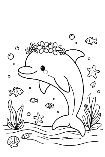 Smiling Dolphin with a Crown of Flowers Underwater Printable