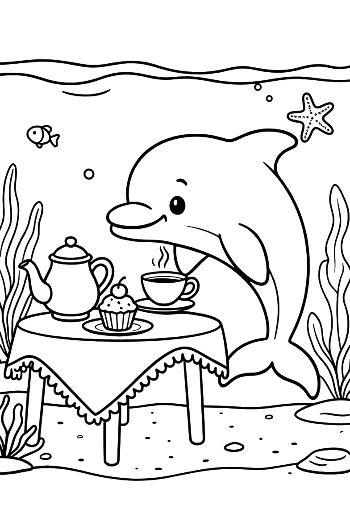 Sophisticated Dolphin Sitting at a Tea Table in the Sea Printable