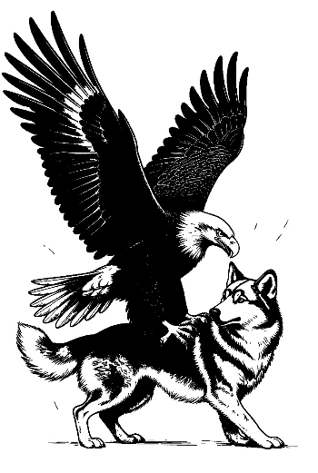 Bald Eagle Dominating Playful Husky Wolf