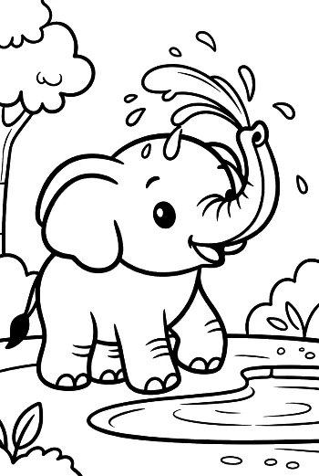 Adorable Elephant Calf Playing with Water in a Small Pool Printable