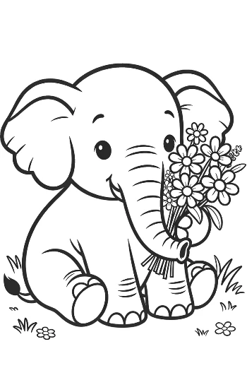 Adorable Elephant Calf Sitting with a Bunch of Wildflowers Printable