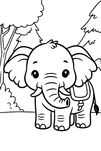 Adorable Elephant Calf Wearing a Small Saddle in the Forest Printable